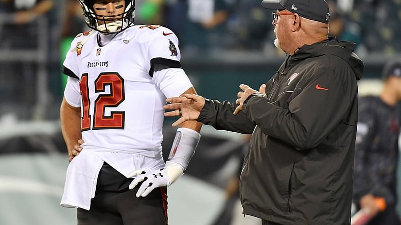 Oct 14, 2021; Philadelphia, Pennsylvania, USA; Tampa Bay Buccaneers quarterback Tom Brady (12) and head coach Bruce Arians during warmups against the Philadelphia Eagles at Lincoln Financial Field. Mandatory Credit: Eric Hartline-USA TODAY Sports