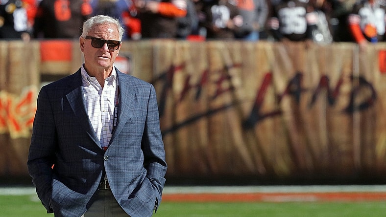 Cleveland Browns Managing and Principal Partner Jimmy Haslam watches his team warmup before an NFL football game, Sunday, Oct. 31, 2021, in Cleveland, Ohio. [Jeff Lange/Beacon Journal]

Browns Pregame 2
