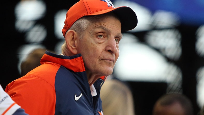 Oct 31, 2021; Atlanta, Georgia, USA; Houston Astros fan Jim "Mattress Mack" McIngvale watches batting practice prior to game five of the 2021 World Series against the Atlanta Braves at Truist Park. Mandatory Credit: Brett Davis-USA TODAY Sports