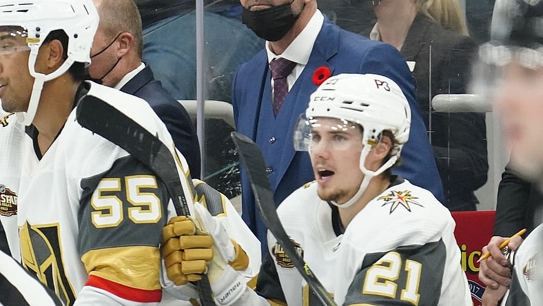 Nov 2, 2021; Toronto, Ontario, CAN; Vegas Golden Knights head coach Peter DeBoer watches the play against the Toronto Maple Leafs at Scotiabank Arena. Mandatory Credit: John E. Sokolowski-USA TODAY Sports