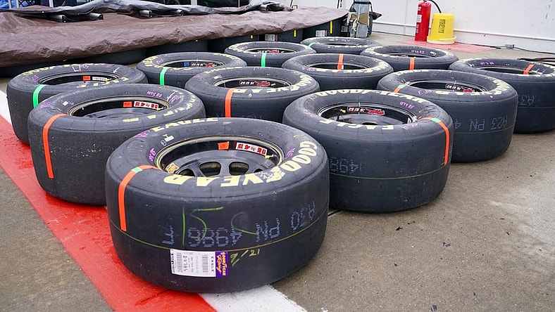 Oct 24, 2021; Kansas City, Kansas, USA; A general view of tires along pit row before the Hollywood Casino 400 at Kansas Speedway. Mandatory Credit: Denny Medley-USA TODAY Sports