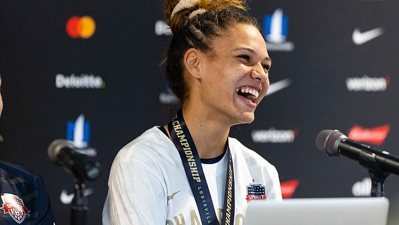 Nov 20, 2021; Louisville, Kentucky, USA; Washington Spirit forward Trinity Rodman (2) talks to the media following Washington Spirit's win in the NWSL Championship match against the Chicago Red Stars at Lynn Family Stadium. Mandatory Credit: Jordan Prather-USA TODAY Sports