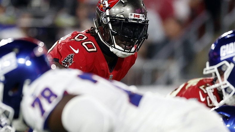 Nov 22, 2021; Tampa, Florida, USA;  Tampa Bay Buccaneers outside linebacker Jason Pierre-Paul (90) looks on against the New York Giants during the second quarter at Raymond James Stadium. Mandatory Credit: Kim Klement-USA TODAY Sports