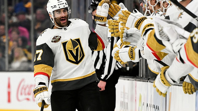 Dec 14, 2021; Boston, Massachusetts, USA; Vegas Golden Knights left wing Max Pacioretty (67) celebrates with his teammates after scoring against the Boston Bruins during the first period at the TD Garden. Mandatory Credit: Brian Fluharty-USA TODAY Sports
