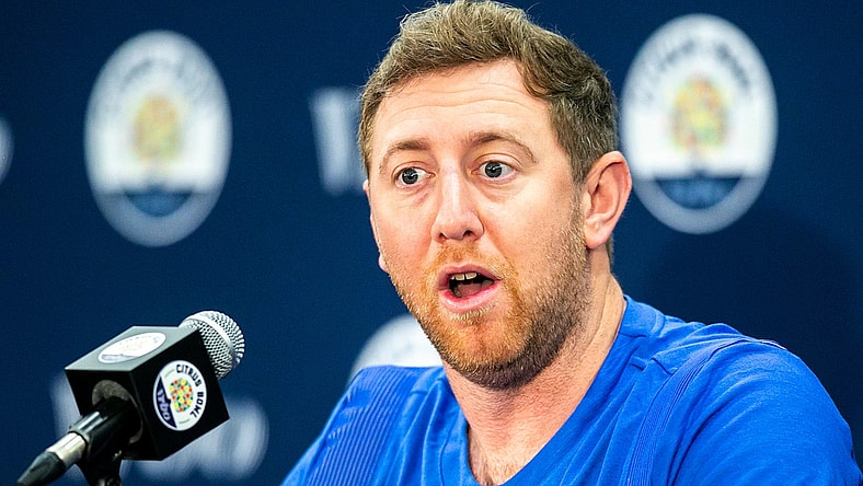 Kentucky offensive coordinator Liam Coen speaks during a news conference for the Vrbo Citrus Bowl, Wednesday, Dec. 29, 2021, at the Rosen Plaza Hotel in Orlando, Fla.

211229 Iowa Kentucky Presser 012 Jpg