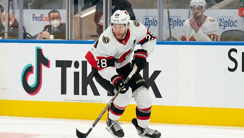 Jan 1, 2022; Toronto, Ontario, CAN; Ottawa Senators right wing Connor Brown (28) skates with the puck during the second period against the Toronto Maple Leafs at Scotiabank Arena. Mandatory Credit: Nick Turchiaro-USA TODAY Sports