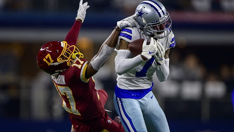 Dec 26, 2021; Arlington, Texas, USA; Washington Football Team wide receiver Terry McLaurin (17) and Dallas Cowboys cornerback Trevon Diggs (7) in action during the game between the Washington Football Team and the Dallas Cowboys at AT&T Stadium. Mandatory Credit: Jerome Miron-USA TODAY Sports