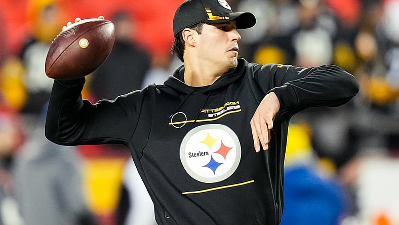 Jan 16, 2022; Kansas City, Missouri, USA; Pittsburgh Steelers quarterback Mason Rudolph (2) warms up before an AFC Wild Card playoff football game against the Kansas City Chiefs at GEHA Field at Arrowhead Stadium. Mandatory Credit: Jay Biggerstaff-USA TODAY Sports