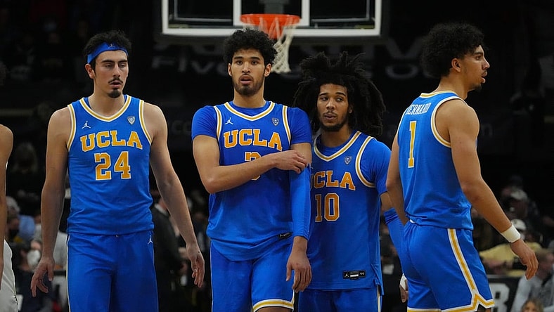 Jan 22, 2022; Boulder, Colorado, USA; UCLA Bruins guard Jaime Jaquez Jr. (24) and guard Johnny Juzang (3) and guard Tyger Campbell (10) and guard Jules Bernard (1) react during the second half against the Colorado Buffaloes at the CU Events Center. Mandatory Credit: Ron Chenoy-USA TODAY Sports