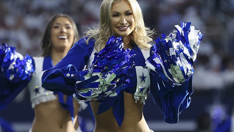Jan 16, 2022; Arlington, Texas, USA; Dallas Cowboys cheerleader in action during the NFC Wild Card playoff football game against the San Francisco 49ers at AT&T Stadium. Mandatory Credit: Kevin Jairaj-USA TODAY Sports