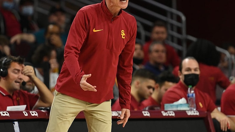 Jan 24, 2022; Los Angeles, California, USA;  USC Trojans head coach Andy Enfield instructs from the bench in the first half the game against the Arizona State Sun Devils at Galen Center. Mandatory Credit: Jayne Kamin-Oncea-USA TODAY Sports
