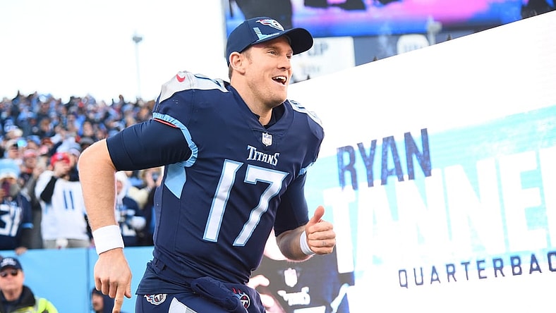 Jan 22, 2022; Nashville, Tennessee, USA; Tennessee Titans quarterback Ryan Tannehill (17) takes the field before the game against the Cincinnati Bengals during a AFC Divisional playoff football game at Nissan Stadium. Mandatory Credit: Christopher Hanewinckel-USA TODAY Sports
