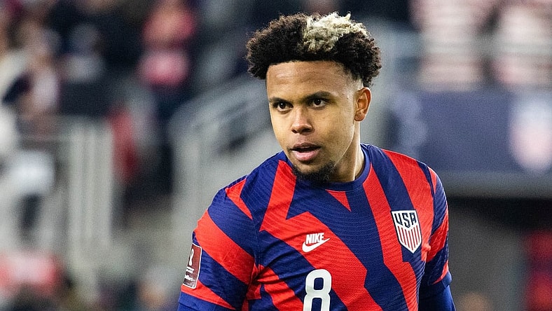 Jan 27, 2022; Columbus, Ohio, USA; United States midfielder Weston Mckennie (8) during the CONCACAF FIFA World Cup Qualifier soccer match against El Salvador at Lower.com Field. Mandatory Credit: Trevor Ruszkowski-USA TODAY Sports