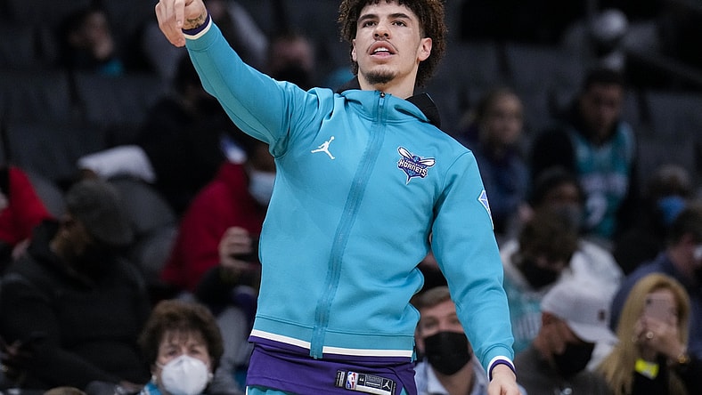 Jan 30, 2022; Charlotte, North Carolina, USA; Charlotte Hornets guard LaMelo Ball (2) during the first quarter against the LA Clippers at the Spectrum Center. Mandatory Credit: Jim Dedmon-USA TODAY Sports