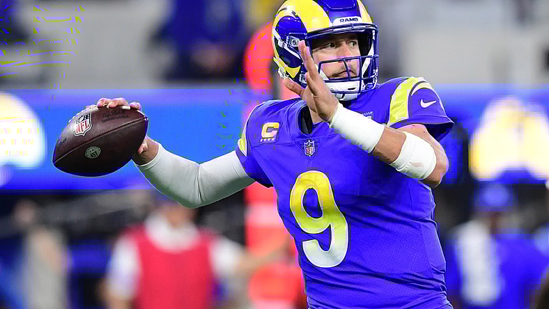 Jan 30, 2022; Inglewood, California, USA; Los Angeles Rams quarterback Matthew Stafford (9) throws a pass against the San Francisco 49ers in the second half during the NFC Championship Game at SoFi Stadium. Mandatory Credit: Gary A. Vasquez-USA TODAY Sports