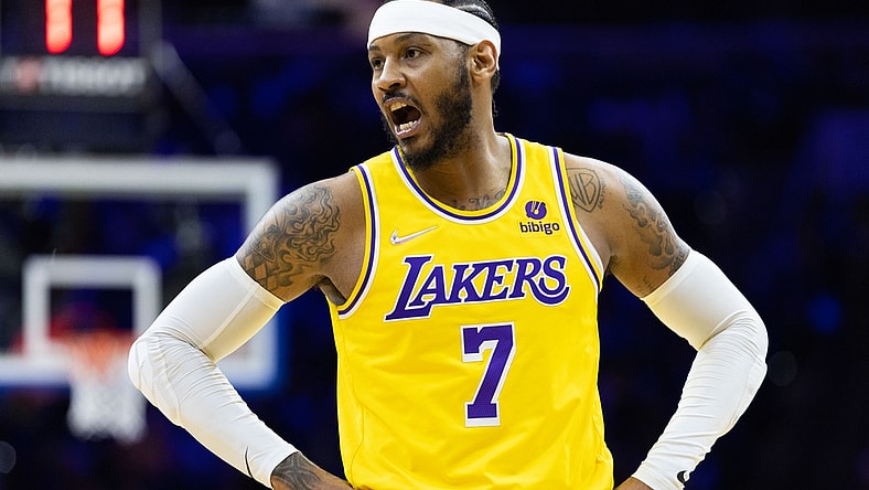Jan 27, 2022; Philadelphia, Pennsylvania, USA; Los Angeles Lakers forward Carmelo Anthony (7) in a game against the Philadelphia 76ers during the second quarter at Wells Fargo Center. Mandatory Credit: Bill Streicher-USA TODAY Sports