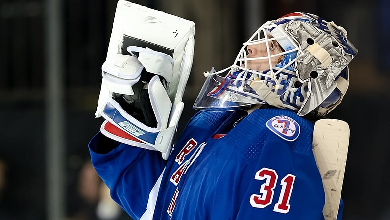 Feb 1, 2022; New York, New York, USA; New York Rangers goaltender Igor Shesterkin (31) reacts after defeating the Florida Panthers at Madison Square Garden. Mandatory Credit: Vincent Carchietta-USA TODAY Sports
