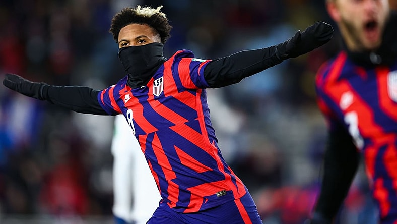 Feb 2, 2022; St. Paul, Minnesota, USA; United States midfielder Weston McKennie (8) reacts after scoring against Honduras during a CONCACAF FIFA World Cup Qualifier soccer match at Allianz Field. Mandatory Credit: Harrison Barden-USA TODAY Sports