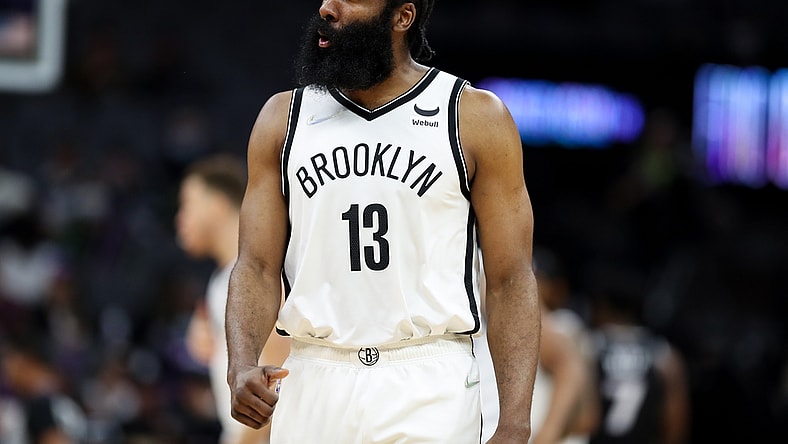 Feb 2, 2022; Sacramento, California, USA; Brooklyn Nets guard James Harden (13) reacts during the third quarter against the Sacramento Kings at Golden 1 Center. Mandatory Credit: Sergio Estrada-USA TODAY Sports