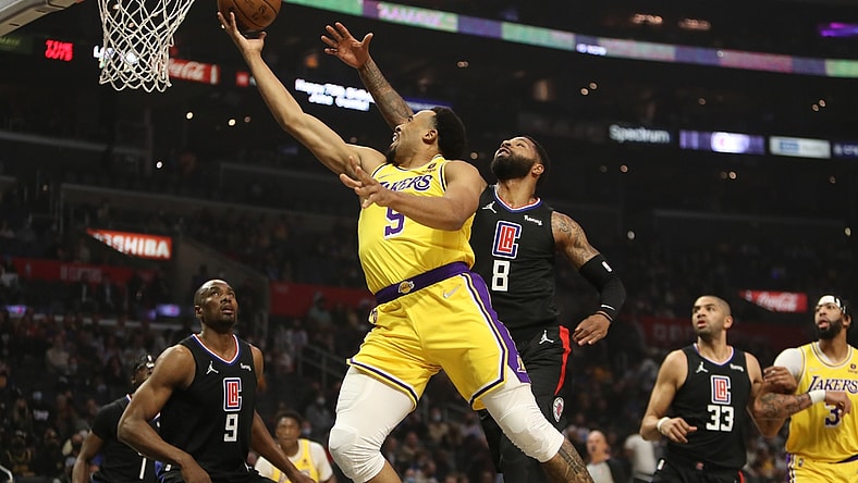 Feb 3, 2022; Los Angeles, California, USA; Los Angeles Lakers guard Talen Horton-Tucker (5) shoots a ball during the first quarter against the Los Angeles Clippers at Crypto.com Arena. Mandatory Credit: Kiyoshi Mio-USA TODAY Sports