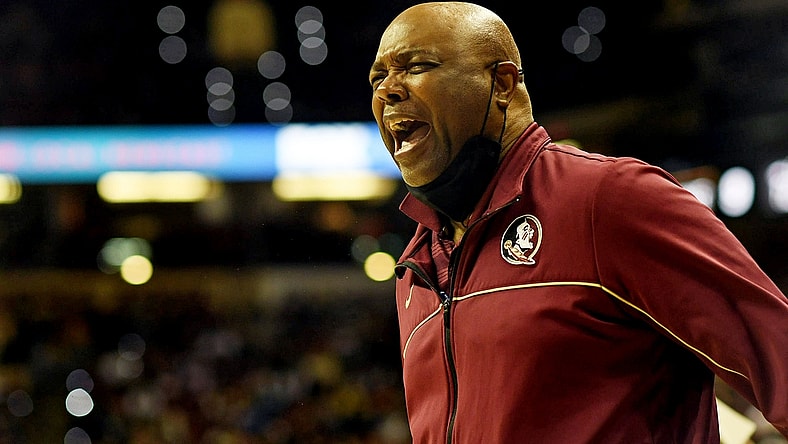 Feb 5, 2022; Tallahassee, Florida, USA; Florida State Seminoles head coach Leonard Hamilton reacts to a call by the ref during the game against the Wake Forest Deamon Deacons at Donald L. Tucker Center. Mandatory Credit: Melina Myers-USA TODAY Sports