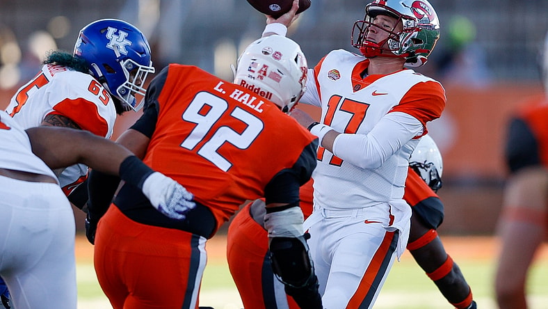 Feb 5, 2022; Mobile, AL, USA;  American squad quarterback Bailey Zappe of Western Kentucky (17) throws a pass in the second half against the National squad at Hancock Whitney Stadium. Mandatory Credit: Nathan Ray Seebeck-USA TODAY Sports