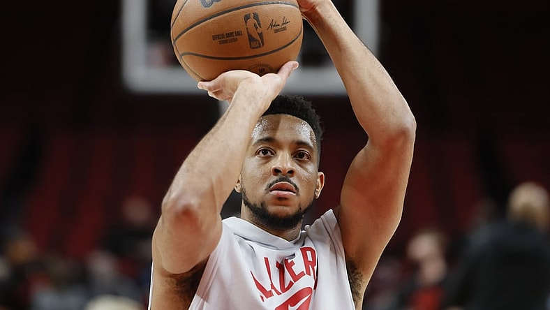 Feb 5, 2022; Portland, Oregon, USA; Portland Trail Blazers shooting guard CJ McCollum (3) warms up prior to a game against the Milwaukee Bucks at Moda Center. Mandatory Credit: Soobum Im-USA TODAY Sports