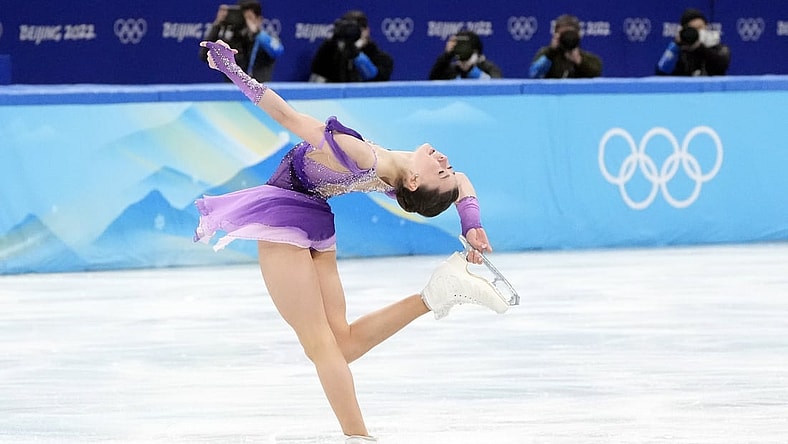 Feb 6, 2022; Beijing, China; Kamila Valieva (ROC) skates in the women's single skating short program during the Beijing 2022 Olympic Winter Games at Capital Indoor Stadium. Mandatory Credit: Robert Deutsch-USA TODAY Sports