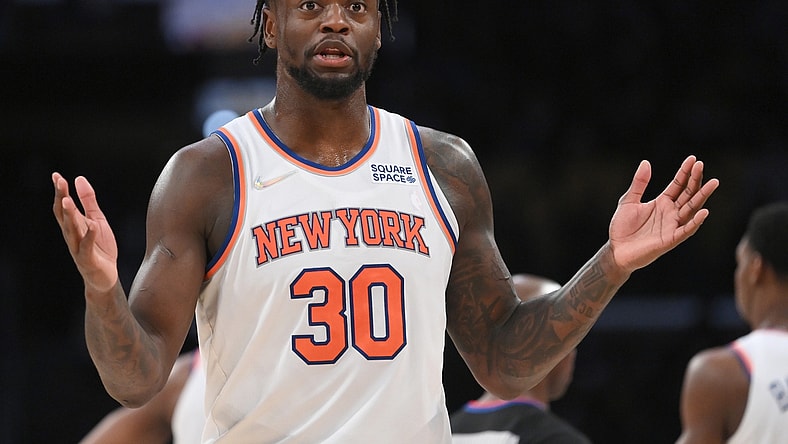 Feb 5, 2022; Los Angeles, California, USA;   New York Knicks forward Julius Randle (30) reacts after he was called for a foul in the second half against the Los Angeles Lakers at Crypto.com Arena. Mandatory Credit: Jayne Kamin-Oncea-USA TODAY Sports