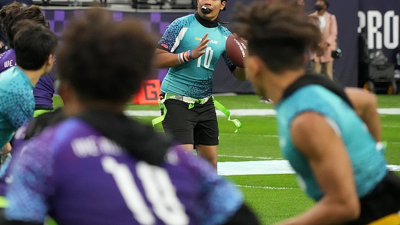 Feb 6, 2022; Paradise, Nevada, USA; The Pro Bowl boys flag football age 14 and under championship game is played at Allegiant Stadium. Mandatory Credit: Kirby Lee-USA TODAY Sports