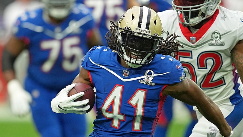 Feb 6, 2022; Paradise, Nevada, USA; NFC running back Alvin Kamara of the New Orleans Saints runs with the ball against the AFC during the Pro Bowl football game at Allegiant Stadium. Mandatory Credit: Stephen R. Sylvanie-USA TODAY Sports