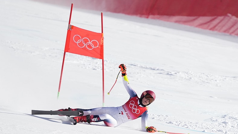 Feb 7, 2022; Yanqing, China; Mikaela Shiffrin (USA) falls and misses a gate during the womens giant slalom during the Beijing 2022 Olympic Winter Games at Yanqing Alpine Skiing Centre. Mandatory Credit: Eric Bolte-USA TODAY Sports