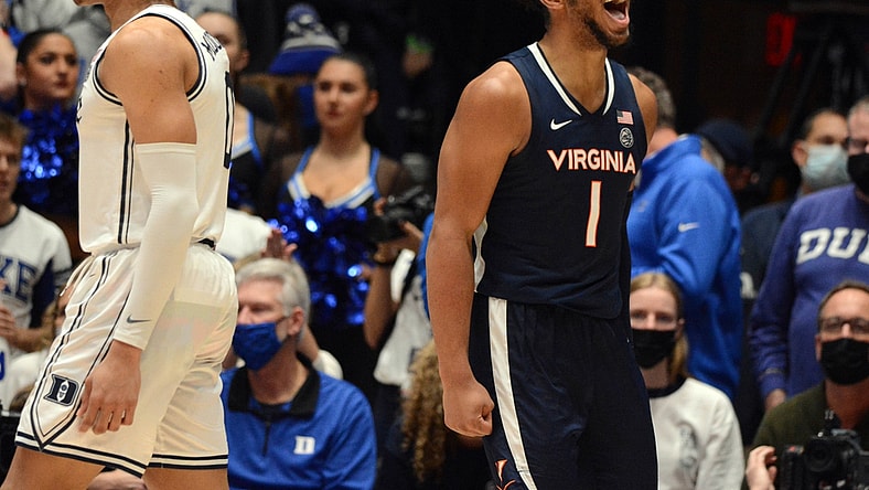 Feb 7, 2022; Durham, North Carolina, USA;  Virginia Cavaliers forward Jayden Gardner (1) reacts after scoring during the second half against the Duke Blue Devils at Cameron Indoor Stadium. The Cavaliers won 69-68. Mandatory Credit: Rob Kinnan-USA TODAY Sports