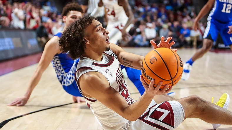 Feb 8, 2022; Columbia, South Carolina, USA; South Carolina Gamecocks guard Devin Carter (23) looks to pass against the Kentucky Wildcats in the first half at Colonial Life Arena. Mandatory Credit: Jeff Blake-USA TODAY Sports