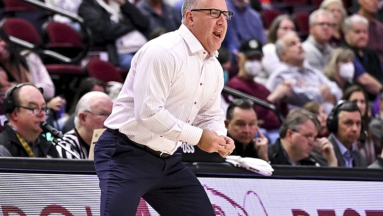 Feb 8, 2022; College Station, Texas, USA;  Texas A&M Aggies head coach Buzz Williams reacts during the second half against the LSU Tigers at Reed Arena. Mandatory Credit: Maria Lysaker-USA TODAY Sports