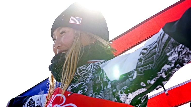 Feb 10, 2022; Zhangjiakou, China; Chloe Kim (USA) celebrates winning the gold medal in the Women   s Snowboarding Halfpipe Final during the Beijing 2022 Olympic Winter Games at Genting Snow Park. Mandatory Credit: Danielle Parhizkaran-USA TODAY Sports