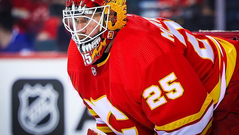 Feb 10, 2022; Calgary, Alberta, CAN; Calgary Flames goaltender Jacob Markstrom (25) guards his net against the Toronto Maple Leafs during the second period at Scotiabank Saddledome. Mandatory Credit: Sergei Belski-USA TODAY Sports