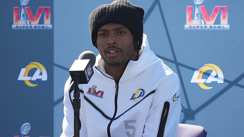 Feb 11, 2022; Thousand Oaks, CA, USA; Los Angeles Rams safety Jalen Ramsey during press conference at Cal Lutheran University. Mandatory Credit: Kirby Lee-USA TODAY Sports