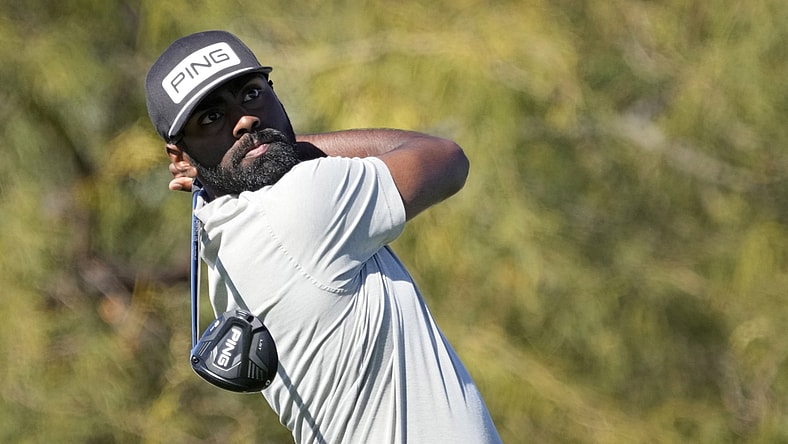 Feb 11, 2022; Scottsdale, AZ, USA; Sahith Theegala hits from the ninth tee box during the second round of the Waste Management Phoenix Open golf tournament. Mandatory Credit: Cheryl Evans-Arizona Republic-USA TODAY NETWORK