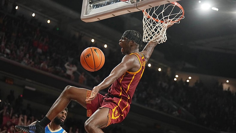Feb 12, 2022; Los Angeles, California, USA; Southern California Trojans forward Chevez Goodwin (1) dunks the ball against the UCLA Bruins in the first half at Galen Center. Mandatory Credit: Kirby Lee-USA TODAY Sports