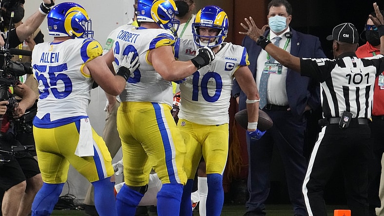 Feb 13, 2022; Inglewood, CA, USA; Los Angeles Rams wide receiver Cooper Kupp (10) celebrates with teammates after scoring a touchdown against the Cincinnati Bengals in the fourth quarter of Super Bowl LVI at SoFi Stadium. Mandatory Credit: Robert Hanashiro-USA TODAY Sports