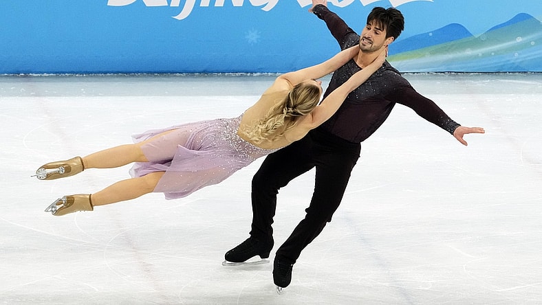 Feb 14, 2022; Beijing, China; Madison Hubbell and Zachary Donohue (USA) compete in the mixed ice dance free dance during the Beijing 2022 Olympic Winter Games at Capital Indoor Stadium. Mandatory Credit: Rob Schumacher-USA TODAY Sports