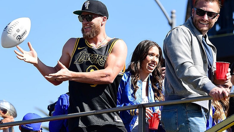 Feb 16, 2022; Los Angeles, CA, USA; Los Angeles Rams wide receiver Cooper Kupp and head coach Sean McVay celebrate during the championship victory parade. Mandatory Credit: Gary A. Vasquez-USA TODAY Sports
