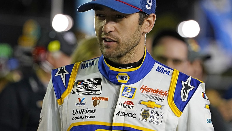 Feb 17, 2022; Daytona, FL, USA; NASCAR Cup Series driver Chase Elliott (9) before the Bluegreen Vacations Duel 1 at Daytona International Speedway. Mandatory Credit: Mike Dinovo-USA TODAY Sports