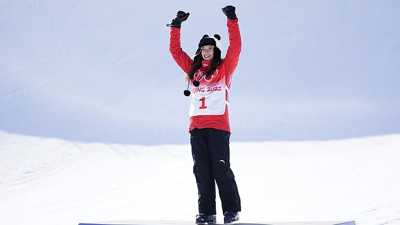 Feb 18, 2022; Zhangjiakou, China;  Ailing Eileen Gu (CHN) gold reacts after winning in the Freestyle Skiing Womens Halfpipe Final during the Beijing 2022 Olympic Winter Games at Genting Snow Park. Mandatory Credit: Danielle Parhizkaran-USA TODAY Sports