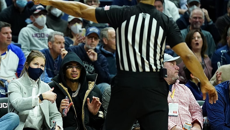 Feb 19, 2022; Storrs, Connecticut, USA; Charlotte Hornets guard and former Connecticut Huskies player James Bouknight is removed from the game by an official in the second quarter against the Xavier Musketeers at Harry A. Gampel Pavilion. Mandatory Credit: David Butler II-USA TODAY Sports