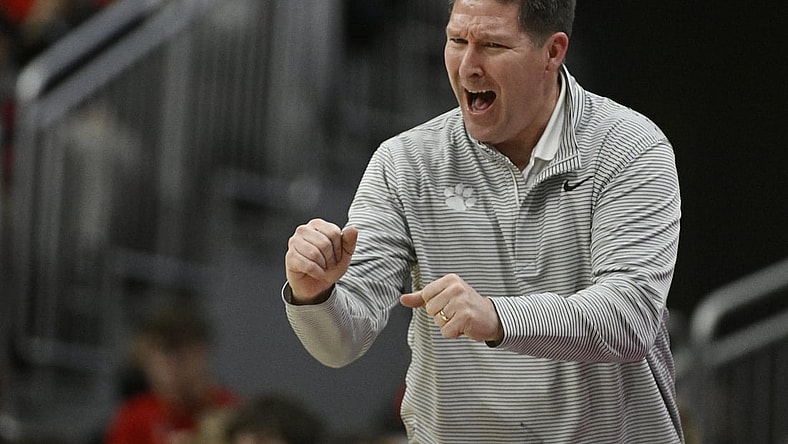 Feb 19, 2022; Louisville, Kentucky, USA; Clemson Tigers head coach Brad Brownell reacts during the second half against the Louisville Cardinals at KFC Yum! Center. Louisville defeated Clemson 70-61. Mandatory Credit: Jamie Rhodes-USA TODAY Sports