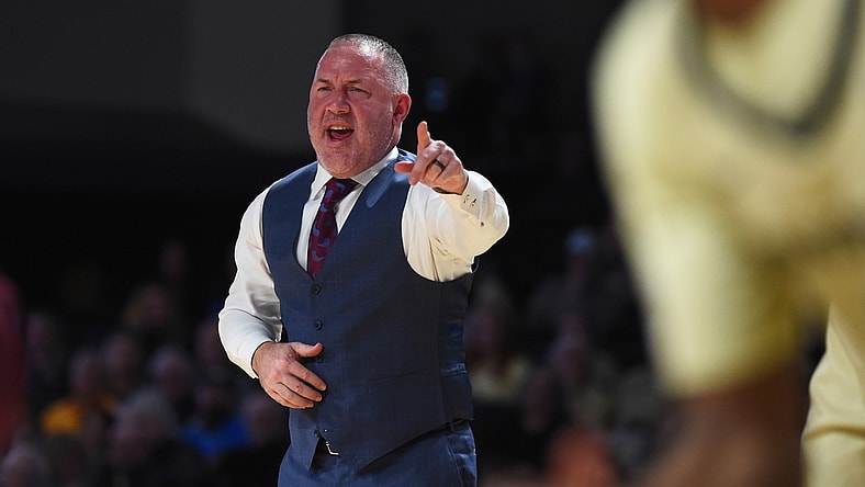 Feb 19, 2022; Nashville, Tennessee, USA; Texas A&M Aggies head coach Buzz Williams yells from the sideline during the first half against the Vanderbilt Commodores at Memorial Gymnasium. Mandatory Credit: Christopher Hanewinckel-USA TODAY Sports