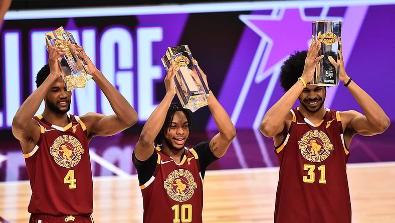 Feb 19, 2022; Cleveland, OH, USA; Team Cavs player Jarrett Allen (31) and player Evan Mobley (4) and player Darius Garland (10) celebrate after winning the Taco Bell Skills Challenge during the 2022 NBA All-Star Saturday Night at Rocket Mortgage Field House. Mandatory Credit: Ken Blaze-USA TODAY Sports