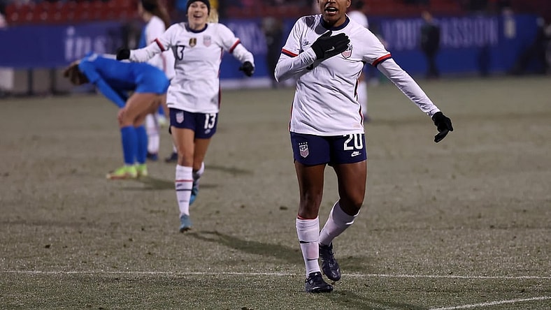 Feb 23, 2022; Frisco, Texas, USA; USA midfilder Catarina Macario (20) celebrates her goal scored against Iceland during the first half of the 2022 She Believes Cup international soccer match at Toyota Stadium. Mandatory Credit: Kevin Jairaj-USA TODAY Sports